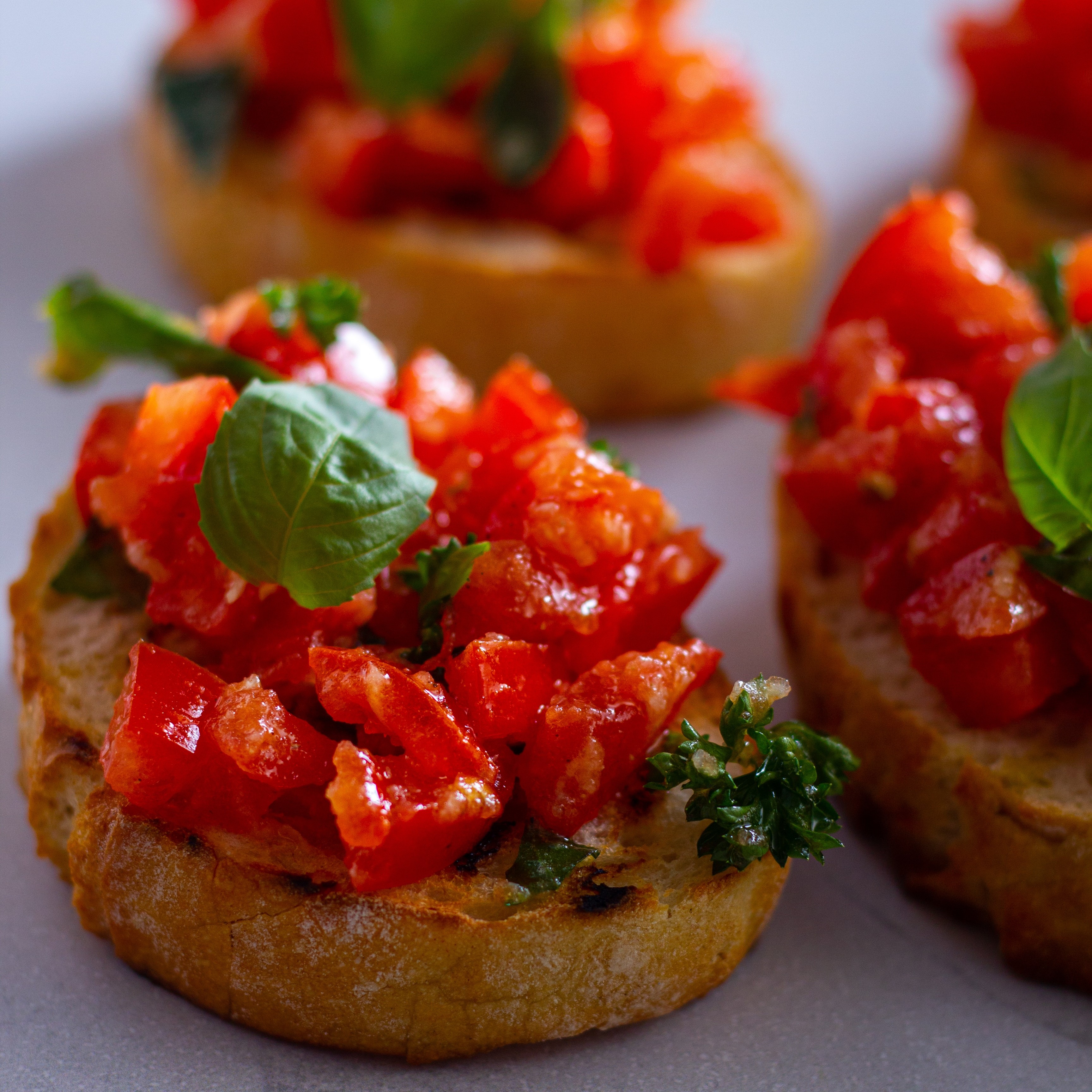 Upclose shot of a plate of bruschetta